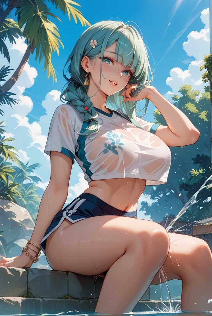 2d, masterpiece, best quality, anime, highly detailed face, highly detailed background, perfect lighting, lola, blue eyes, green_hair, cityscape, full_body, solo, solo focus, t-shirt, shorts, colorful auspicious clouds, sakura, leaf, tree, waterfall, acorn, soil, blurry_foreground, 1girl, day, painting, depth_of_field, blurry, (best quality), ((masterpiece)), cute anime girl, green hair, short hair, pink t-shirt, cutout above navel, blue denim shorts, black boots, forest, c(lean detailed faces), analogous colors, beautiful gradient, clean image, high quality, high detail, high definition, cute face, 4k resolution, full body, ultra sharp focus, extremely detailed eyes, blue eyes, detailed symmetric realistic face, extremely detailed natural texture, perfectly centered medium upper shot, nikon d850 film stock photograph, kodak portra 400 camera f1.6 lens, extremely detailed, amazing, fine detail, rich colors, one body, fully clothed, face, head in frame, body in frame, good proportions, smiling, android heroine, vivid color.digital 2d, anime manga robot! anime girl, fully robotic!! girl, nanogirlv 2, symphogear, fully robotic!!, mikudayo, masterpiece, best quality, reeds, lens flare, shade, bloom, official artwork