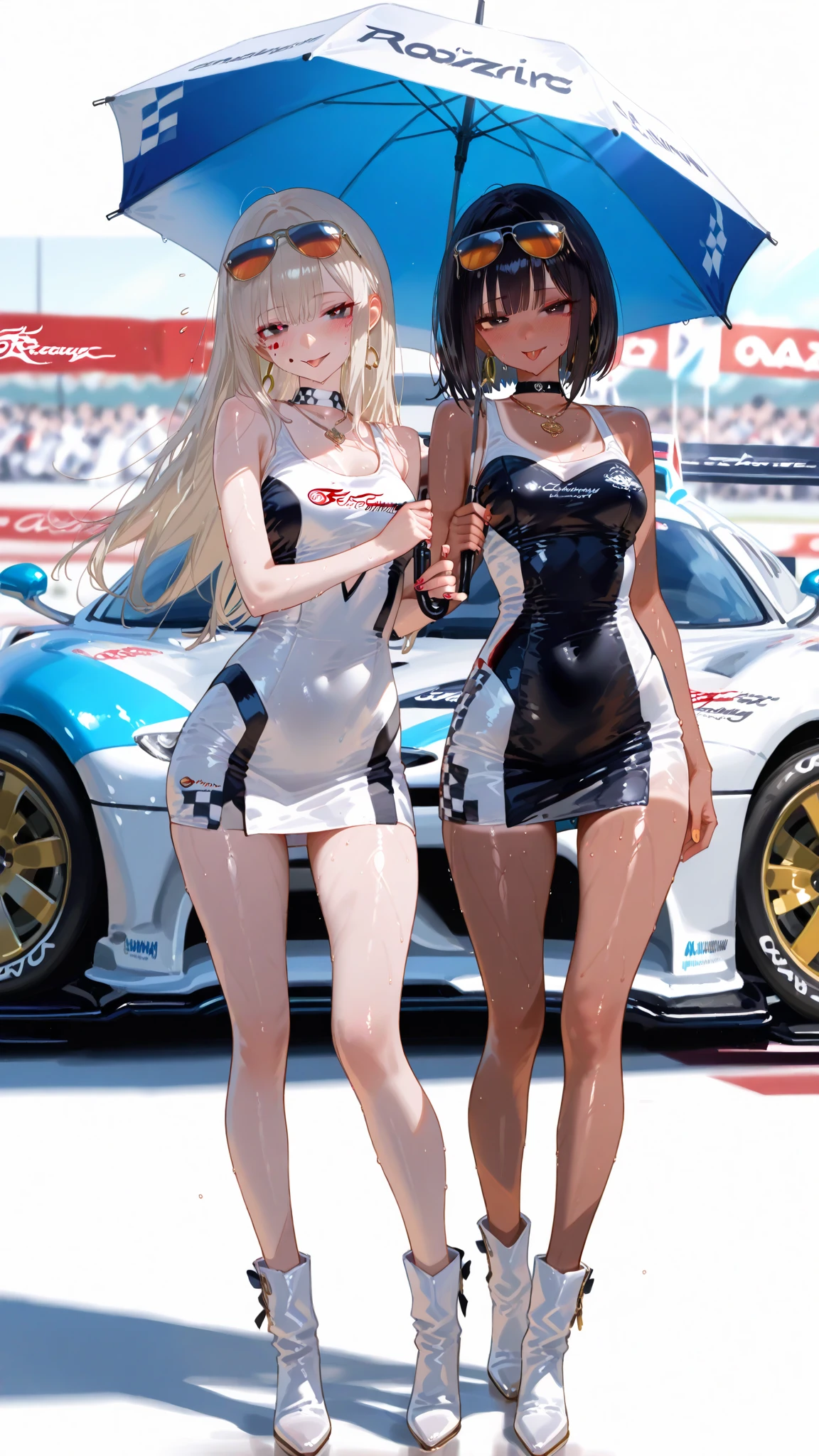 table top, highest quality, Super detailed, throw, ((5 girls:1.9)), (Mr.々hairstyle), Beautiful eyes with attention to detail, ((racing suit)), sexy pose, enchanting smile, detailed background, With background: (Car Racing Venues:1.3), choker, ((group photo:1.6))