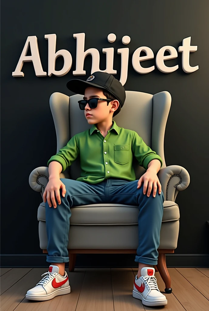 3D illusion a boy sitting in a stylish wing chair and to the back of the chair a wall name Moeez