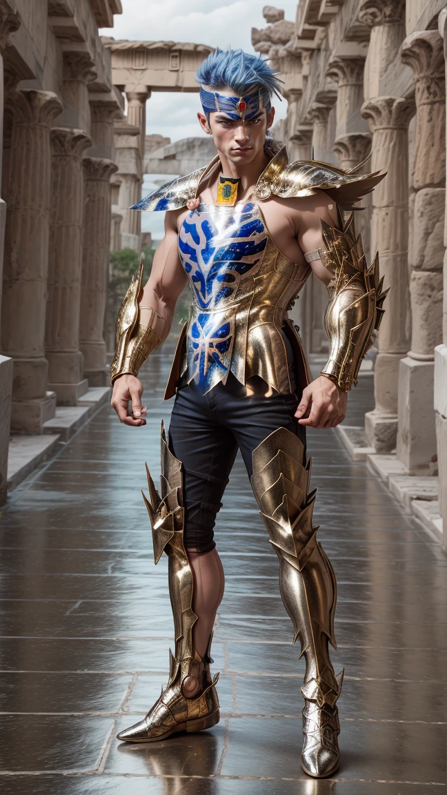 Image is a high-quality, stylized photograph featuring a muscular man standing in the middle of a city street. He is dressed in a shiny, gold-colored armor that covers his shoulders, chest, and legs, with intricate designs. He holds a sword in his right hand. The man has short, blonde hair and a serious facial expression. His skin is fair, and his physique is highly defined. The background shows a cityscape with buildings, trees, and a clear sky, suggesting a sunny day. The image has a yellow border, adding a distinct frame to the photograph.