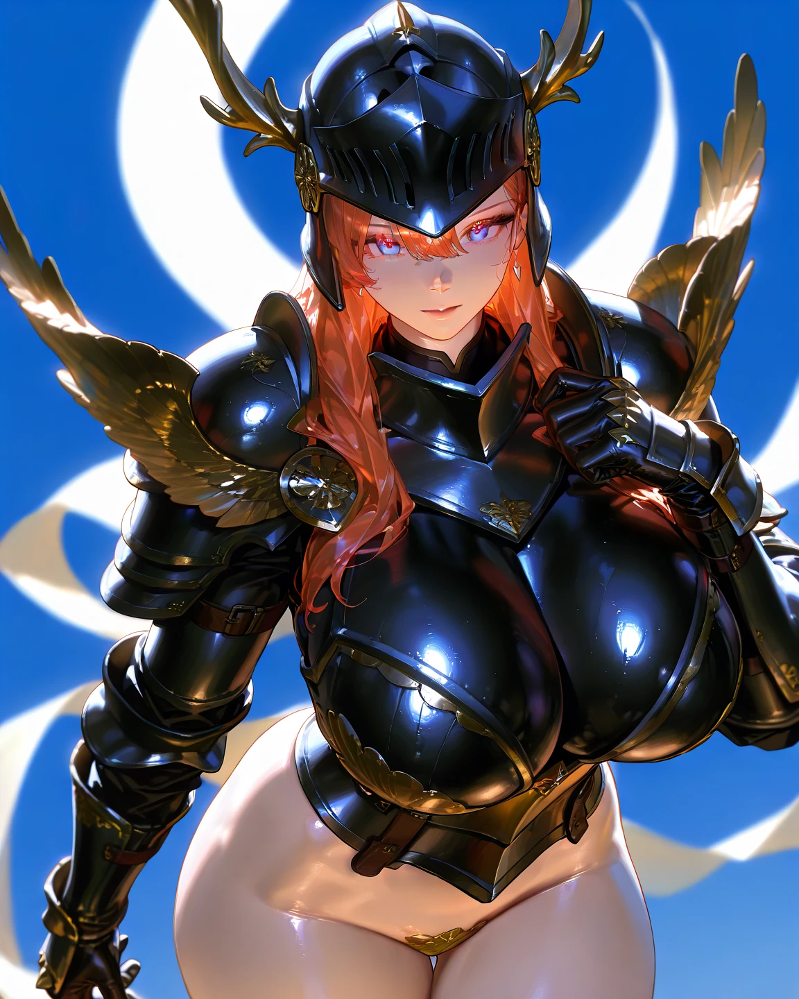 (woman with horn, dark red hair, orange eyes)(man knight with long black hair, blue eyes) medieval