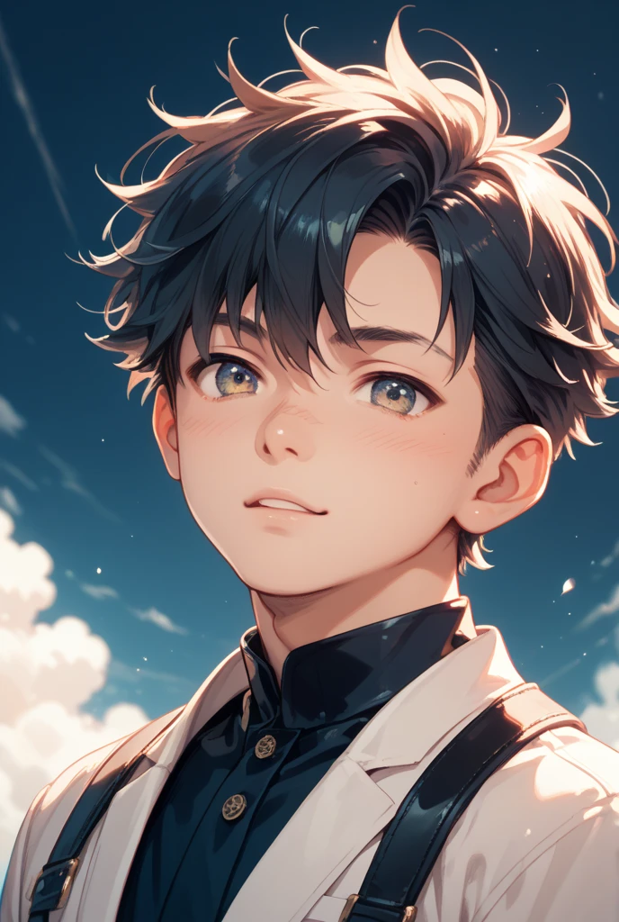 （best qality，Obra-prima，hyper-realistic），1 handsome one(((((The boy))))) (((bust)))，purple Eyes，Sunny smile，Background Snowflakes drifting，Halo of light，Bright light scattering