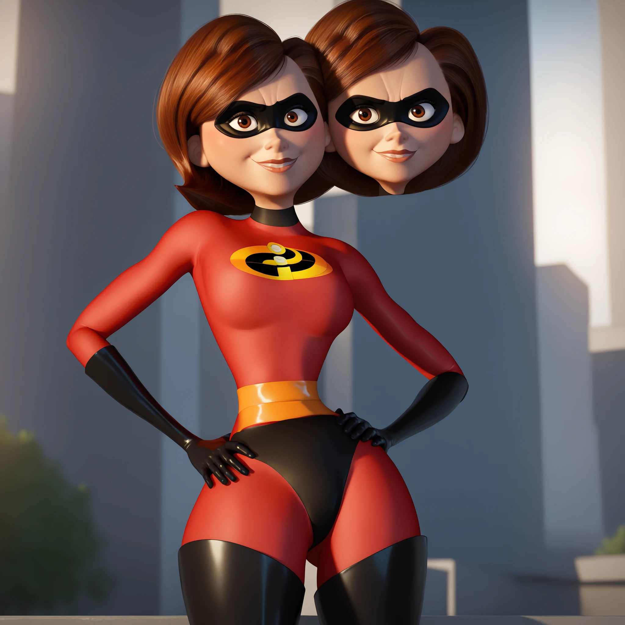 ripped skintight red clothes with the incredibles logo on, tall black shiny boots. black mask around eyes, long straight black hair, blue eyes, cleavage, sexy violet parr, masterpiece, high res, 32k (perfect anatomy:1.5), perfect legs, perfect arms, action scene, sexy pose, cute face, innocent face, breasts out,bikini,tétons 