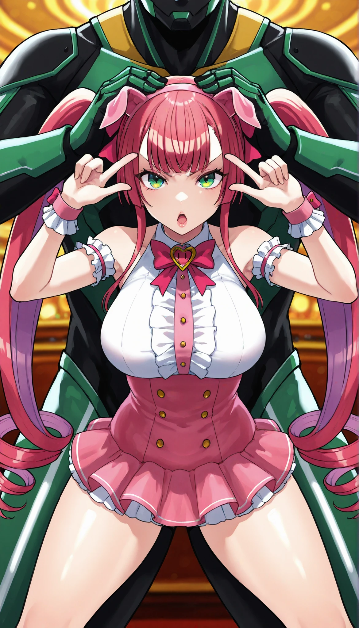 1girl, solo, Hikimoto Dia, pink hair, long hair, twin tails, stupid hair, blunt bang, green eyes, lips, V-shaped eyebrows, big boobs, thighs are thick, dia_Costume, Fake Pig Ears, Disconnect, pink dress, Short Dress, pink ribbon, 片足でstandingふくらんでいるショートスリーブ, miniskirt, watching viewers, double finger gun, mu tips e boys, putting hands on top of head, slouching up, standing, spread legs, 厚いlips, lipsを結んだ, open mouth, Dynamic Posture, casino background ,