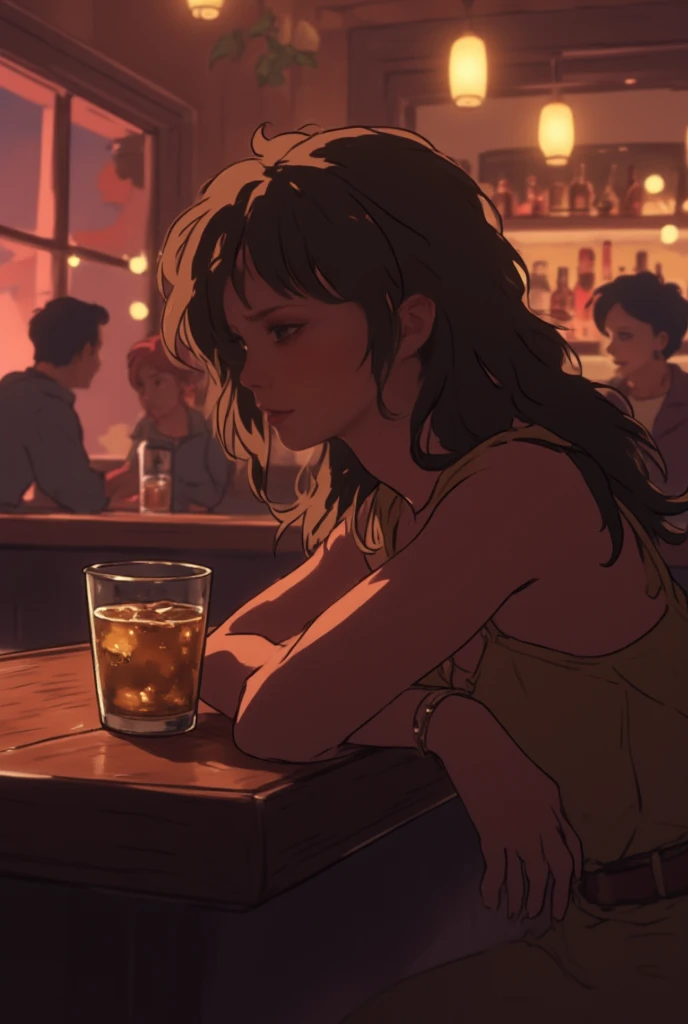 Beautiful girl drinking alone at the counter of a jazz bar,1 glass,Wearing headphones,High resolution,Alcohol and cocktails on shelves,Ghibli-style anime scene
