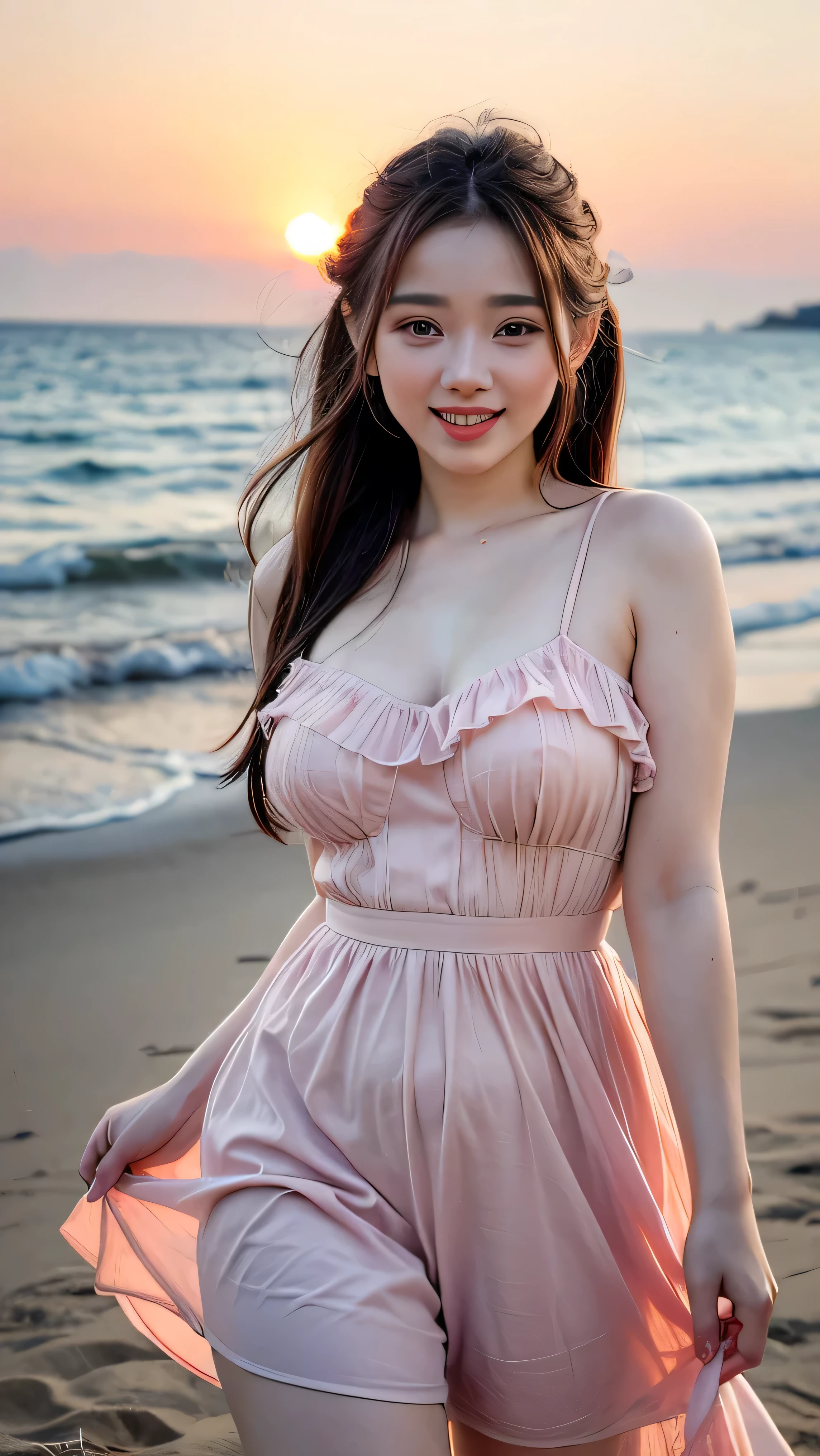 A very cute face like an idol、Looks like a young face、20-year-old female、Gentle and cute、A kind smile、Cleavage、one piece、Walking on the beach at sunset、Natural light、whole body、RAW Photos、Genuine、live-action、Artistic、Real Stick、High resolution、masterpiece