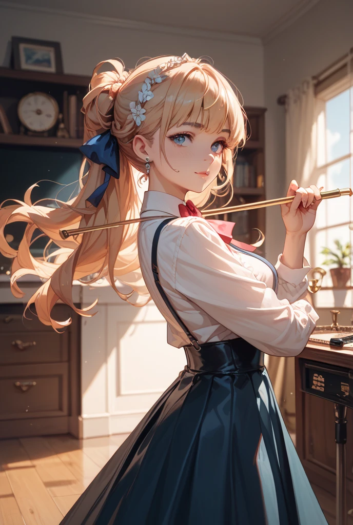 (irresistibly cute, immortal classic) the best picture quality and detail, cute two-dimensional girl with red eyes, high ponytail, bright golden hair, with a beautiful red bow tie, wearing a simple short-sleeved white shirt and black sweater, and a beautiful black pleated skirt on the bottom. The schoolgirl is a drummer who shows a touching air of tenderness and admiration. --auto --s2