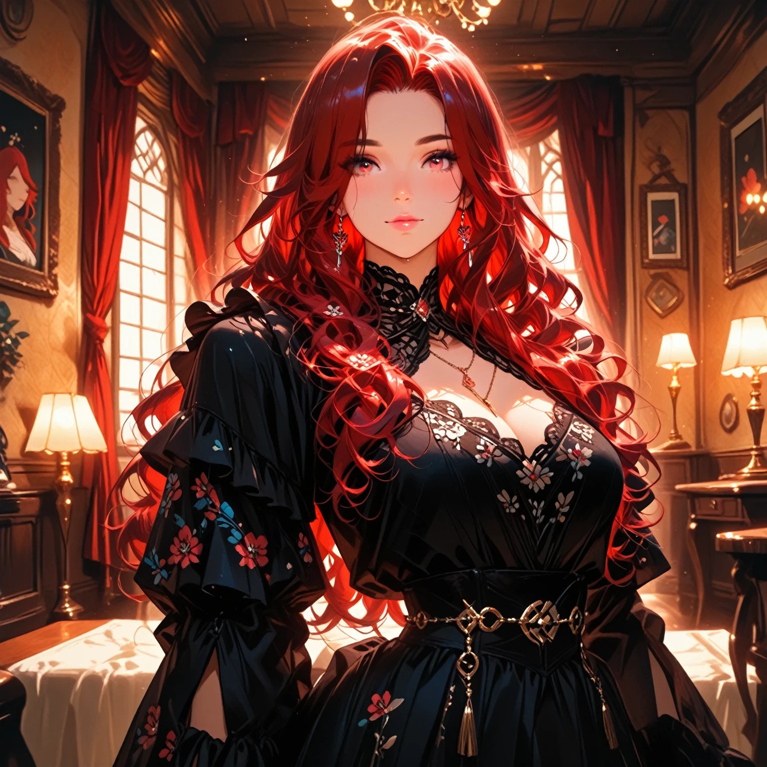 1 girl,Depp's Sense,confused,catch light,Super beautiful illustration,(redhead,long hairstyles:1.6),turn around,eye shadow,(Red clothes,Gothic Lolita),Upper body,;d,beautiful and delicate flowing hair,delicate and detailed blue eyes,emphasized chest,big breasts