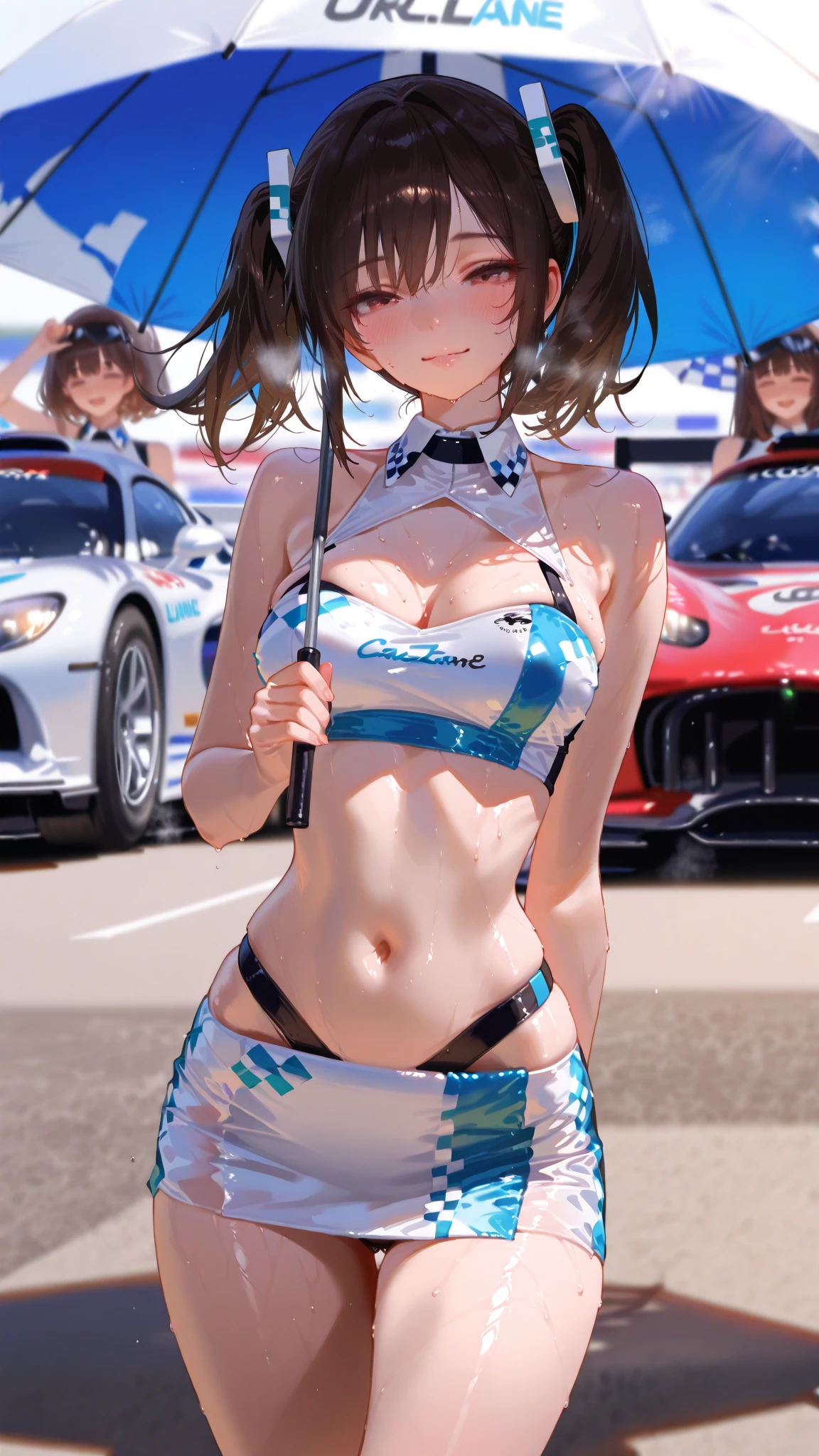 hiten kei style, claude monet, oil painting, (masterpiece, top quality, race queen, street lamp, park, outdoors, solo, detailed nipples, best quality, pendant necklace, official art, beautiful and aesthetic:1.2), (1girl), extreme detailed, colorful, highest detailed, arm band, orange hair, standing, official art, bangs, unity 8k wallpaper, ultra detailed, sports car, beautiful and aesthetic, beautiful, masterpiece, best quality, glitter drawing, necklace, aqua eyes, topless, nipples, stomach, sleeveless, bare shoulder, race queen skirt, visor hat, smiling, medium breasts, huge nipples, outdoors, rib bones, low ponytail, gold bracelet, umbrella, open mouth, laughing, orange hair, navel, slim body