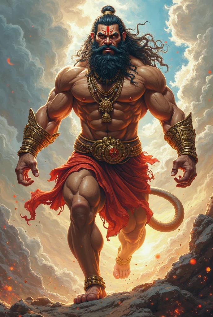 Bhagavan hanuman ,fit body,human and vanar face ,vanar tail,in hand gotha 