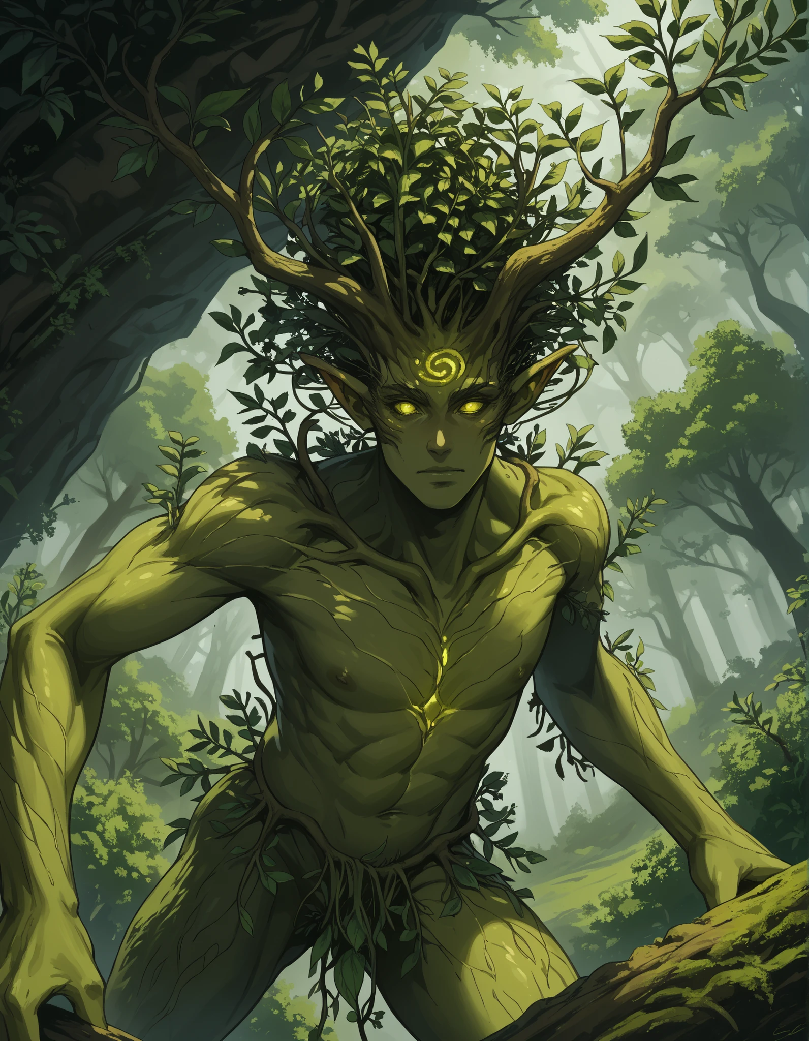 Score_9, Score_8_up, Score_7_up, Score_6_up, Score_5_up, Score_4_up, Source_anime, Aether Elemental woman, Treeman Woman , Body of vines , ((Bioluminescent)), forest spirit woman, translucent, 1girl, great contrast, UHD, 8k, high res, Anime, glowing hair, treelike creature, climbing plants clothing, leaf bra, leaf , , masterpiece, best quality, very aesthetic, glowing skin, bokeh, Treewoman, forest treefolk girl, mythological tree woman, (((branch skin))), ((wood skin)), magical forest, bioluminescent, glowing, Dark green glow, creative design, , adult, cinematic, (UHD), 8K, Dryad skin, ((((climbing plants)))) over body, big perky , leaf covers, tree, garden, forest, plant girl, green skin, dryad, (dryad:1.1), camouflaged in the leaves, forest, bark skin, abstract background, (colorful:1.1), GIANT CREATURE ,