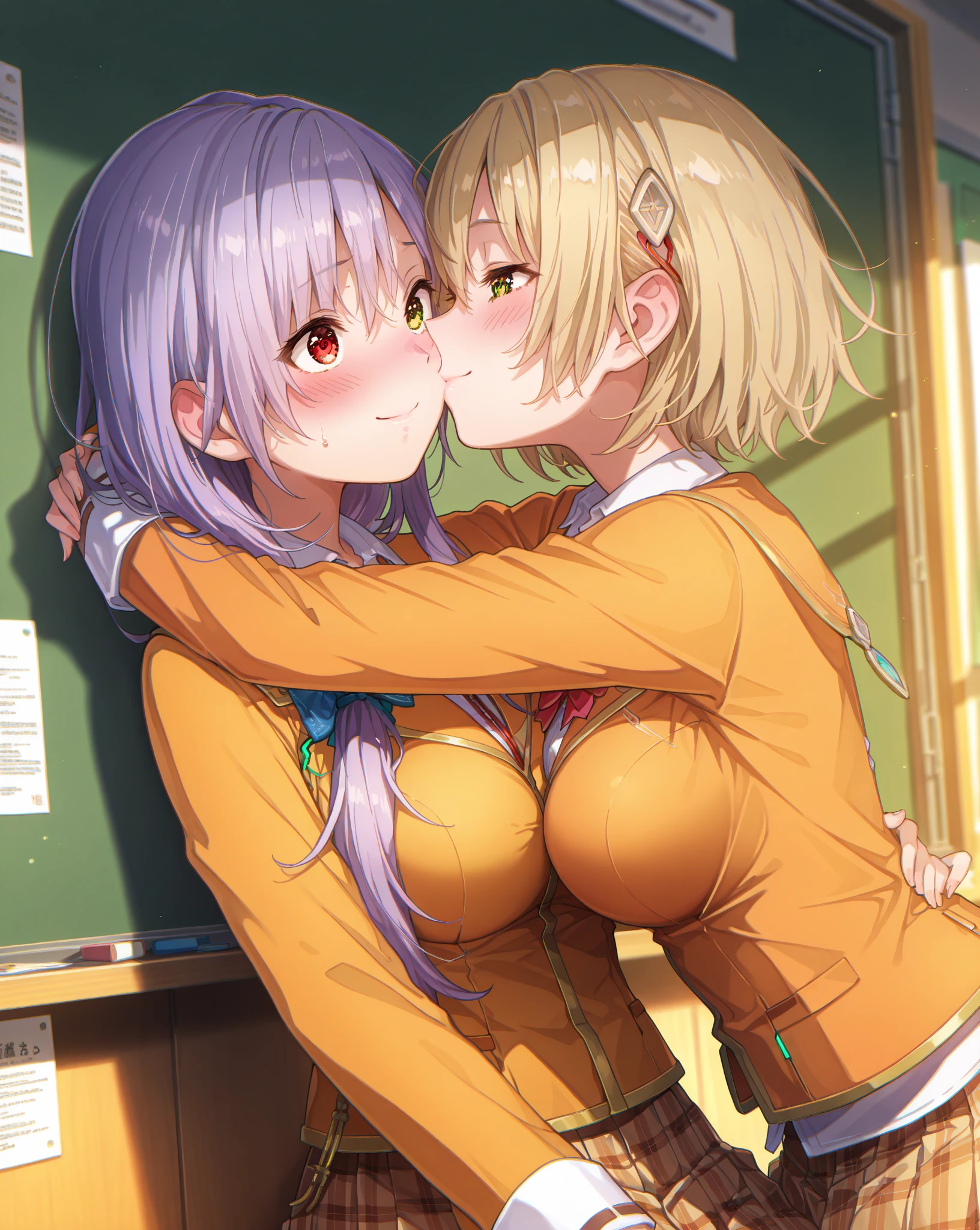 ((2 girls)), ((highest quality)), (super detailed), (very detailed CG 統合 8k 壁紙), very detailed, High resolution raw color photos, professional photography, ((beautiful breasts、nipple)), ((pink lace underwear tuck up)), (hair band), pink hair in ponytail、pink twintail hair、ribbon, wonderful face and eyes, pink eyes, nipple、(amazingly beautiful girl), School, classroom, (stick out tongue、Kiss 1.6),
