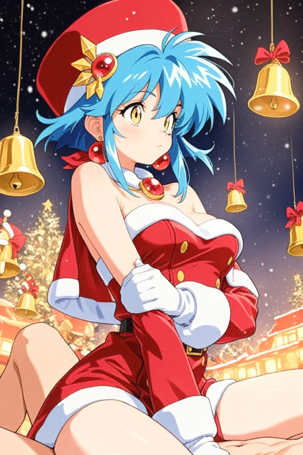 (anime art style), (cartoon), masterpiece, best quality, very aesthetic, absurdres, 1girl, solo, red eyes, light blue hair, medium hair, one side up, bangs, hair between eyes, hair ribbons, red dress, magical girl dress, short sleeves, strapless, choker, white gloves, glasses, white high heels, star symbol on dress, thighs, big breasts, blush, smile, sexy, collarbone, cleavage, ((feet out frame)), (from front), (white background), (simple background), ((thinking)), (standing) (looking at viewer:1.0)