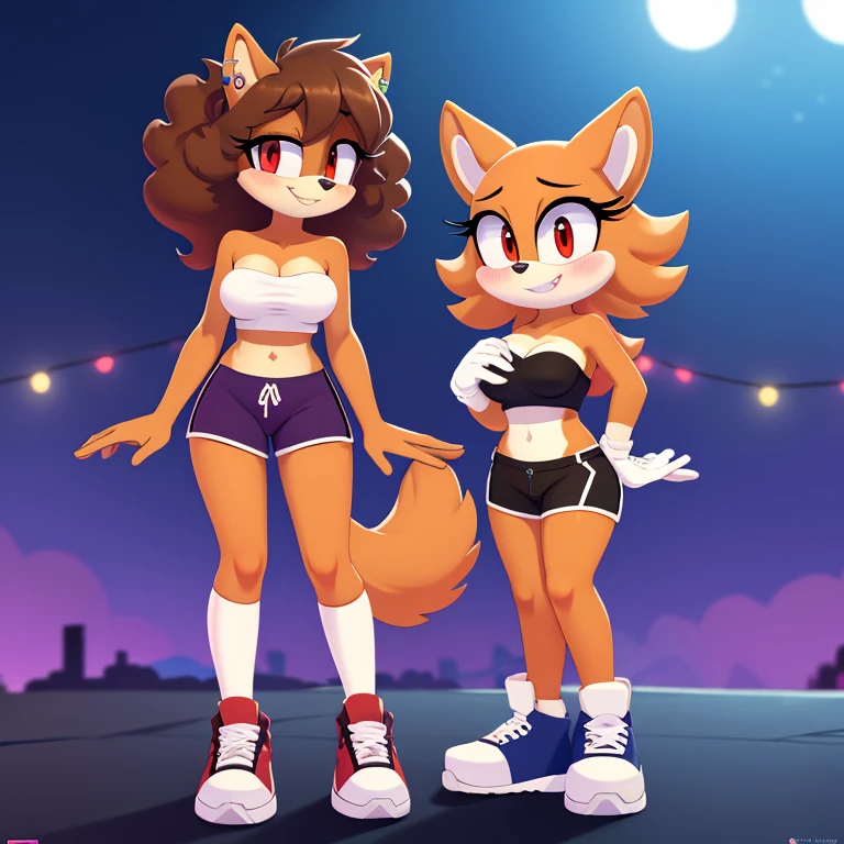 Sally Sally acorn, fur,btpt-fc, wearing black swimming shorts, doing a sitting pin up pose, has thick thighs, high quality, crisp,