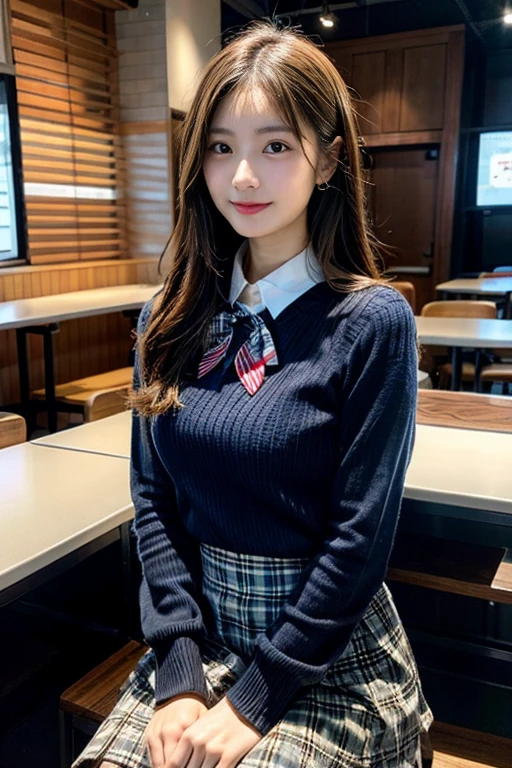 a closeup, masterpiece, top-quality, FULL ANATOMY、Raw foto, Photorealsitic、(Cute little face:1.8)、(Very cute smile:1.7)、(with round face:1.9)、(She looks like an idol and is cute:1.7), A dark-haired、(cute school uniform:1.7), depth of fields, hight resolution, ultra-detailliert, finely detail, ighly detailed, extremely detailed eye and face, Realistic pupils, foco nítido, Cinematic lighting、18-year-old woman、(One lady、独奏:1.7)、 (poneyTail、curlyhair)、Very detailed 8k wallpaper、Show me your whole body、Looking at the camera、(Too short plaid pleated skirt、I can see my panties、Plump panties、Lift the hem of the skirt with both hands、Showing her panties to the camera:1.7)、(Pink Fishnet Stockings)、(Brown Long Boots:1.4)、is standing、Angle from below、(Thigh close-up:1.6)、(Nice figure、big breasts thin waist)、(Clothes with emphasized chest bulge、Colossal tits:1.5)、depth of fields、Bokeh in the background