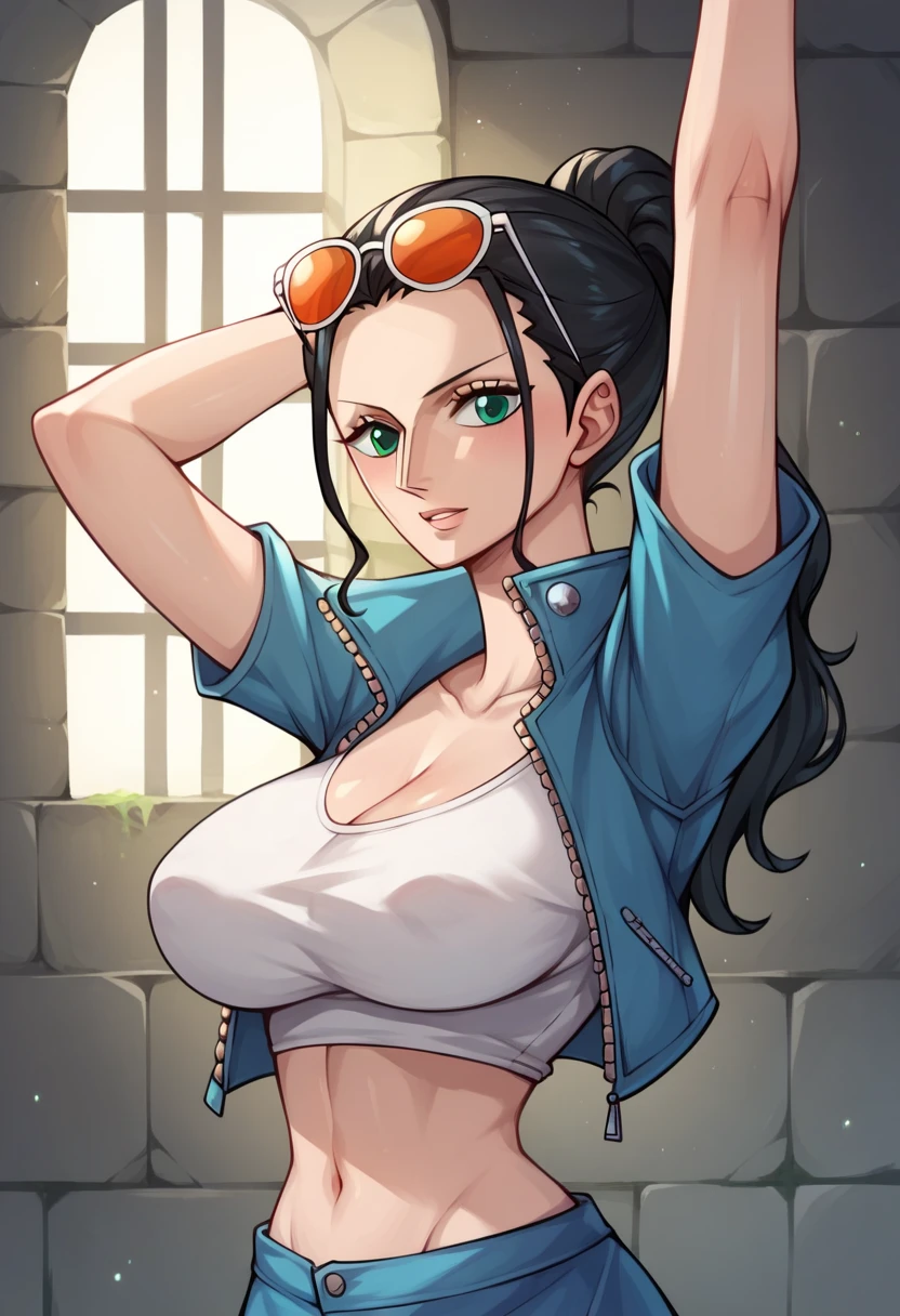 ((best quality, 8K, masterpiece:1.3, ultra-detailed, high resolution, detailed background, cinematic lighting)), Actual, Realistic,  detailed eyes, BREAK, (looking at from the front), Look at the camera, ((Everything is sparkling, reflecting light:1.2)), (Best Ratio: 4 fingers, 1 thumb), (portrait), BREAK, 1 person, Nico Robin ((one piece)), Beautiful woman with perfect body, , Cleavage, Slim waist, Highly detailed facial and skin texture, sexy posing, outdoor, wearing a short pant, full-body, dynamic angle, 
