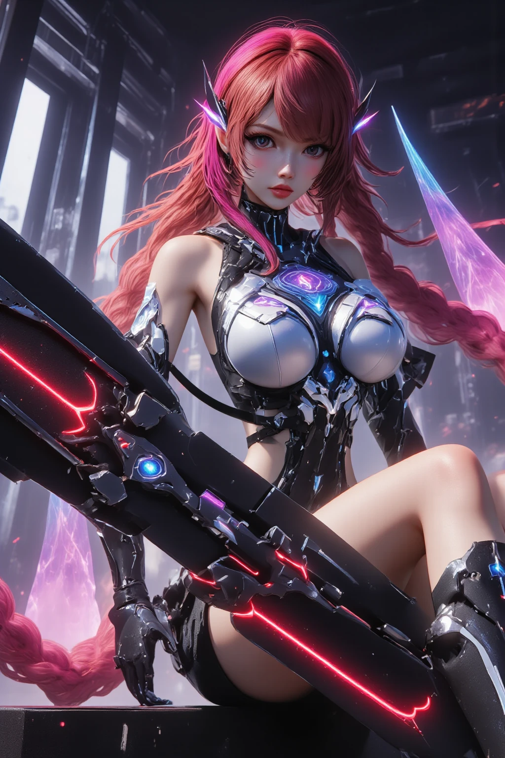 ((top-quality)), ((masterpiece)), (detaileds: 1.4), 1 Beautiful Cyberpunk Woman、(Super beautiful)、(ultra beautiful faces)、(A detailed face:1.1)、(Super long hair), Beautiful woman with long magenta hair、Mechanical Armor、Cyber Armor、、LED Coloring、s Armor、(Overexposed)、(Navel out)、sexypose、cleavage of the breast、crouching down、open the legs widely、(Clear pubic contours)、neons,Spotlight from multiple angles、 futuristic fantasy、超A high resolution、((Like shining a light on the face))、NSFW