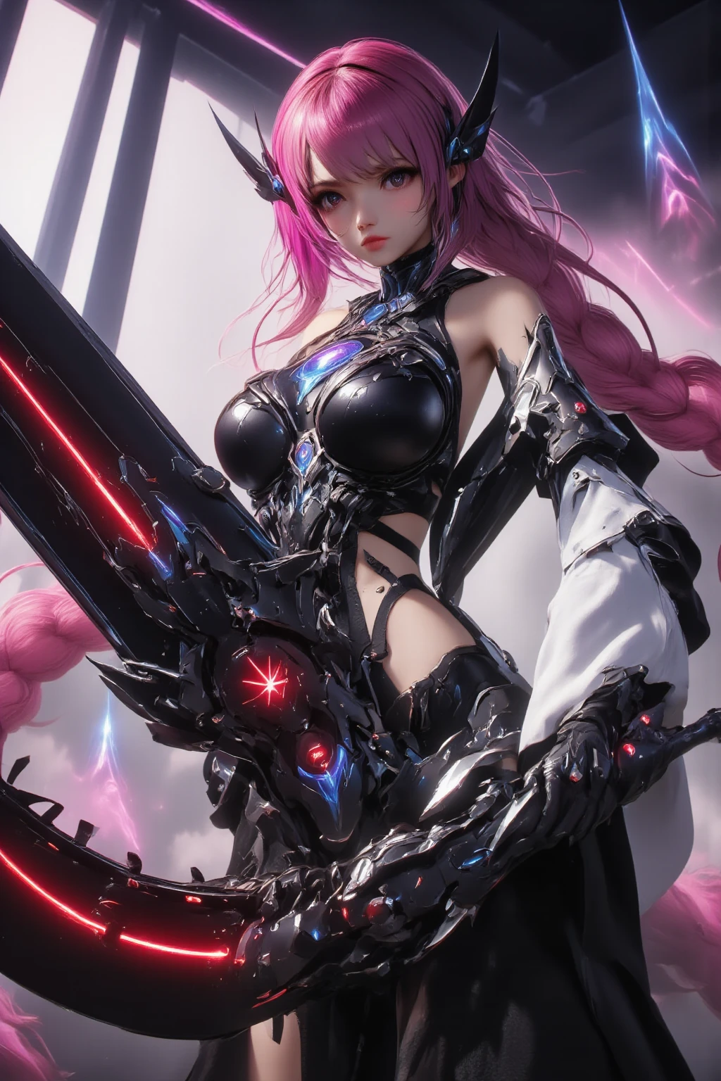 1girl, android girl, half futuristic metallic armor, half lingerie with stockings and garter belt, bustier with lace bra, latex whip, slim body, purple detailed eyes, pink and white hair, extremely detailed face, perfect facial symmetry, perfect body, on unknown planet, in the background futuristic spaceship, back view, ass, looking at the viewer, concept art, digital painting, cinematic lighting, dramatic shadows, vibrant colors, intricate details, hyperrealistic, (best quality,4k,8k,highres,masterpiece:1.2),ultra-detailed,(realistic,photorealistic,photo-realistic:1.37)