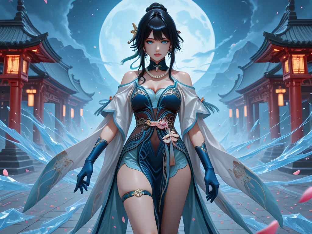 full depth of fields,In the ultra-wide-angle shot, the beauty has a K-cup teardrop-shaped giant tit chest,A gorgeous transparent gauze robe half-worn and half-off,Make the super sexy body with obvious sexual characteristics particularly irritating,The beauty Kaziran has huge eyes and dreamy pupils,The beauty's small and delicate nose resembles a kitten,With a small red mouth,Make the face beautiful and beautiful,Under the slender neck like a swan are slippery shoulders and beauty collarbones,The beauty's arms shook gently,Ergonomic and physiologically normal hands,Clear mesh silk thread gloves,Cool manicures,Gorgeous ring,The beauty has a gourd-shaped body,No fat funnel-shaped waist,Vest line with delicate lines,Pear-shaped rump with butterfly straddling,A pair of super slender, rounded and toned legs,Stepping on a pair of slender jade feet,Above the beauty's colorful hair is a halo crown,Gorgeous colorful tattoos and trinkets adorn the whole body,Behind the beauty are distant mountains, snowtops, auroras, meteors falling, cherry blossoms, sea rising, bright moon, Han sea, blue ice, neon storms, clear skies, starry rivers, far away from the city,These beauties make the beauty have a smile that makes people think about it,Use Midjourney's advanced brush tools and experiment with different color palettes and strokes to show and enhance the quality of your characters, reflect all the qualities of your characters, and add realism。Use Midjourney's advanced brush tools and experiment with different color palettes and strokes to reveal and enhance the seductive crimson quality of your scene,The magnificent natural landscape in the background in different weather conditions is very realistic,The result is an incredible level of detail throughout the picture。Use Midjourney's advanced stroke and texture tools and experiment with different models and materials to make a variety of styles and fabrics,Mesh cutout tights,Intricate hairstyles and make-up with tattoos to add authen