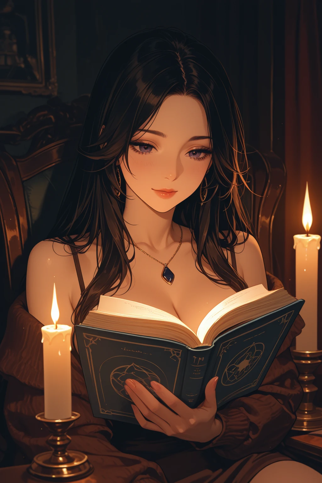 Anime drawing of promising young woman with grimoire and dark magic