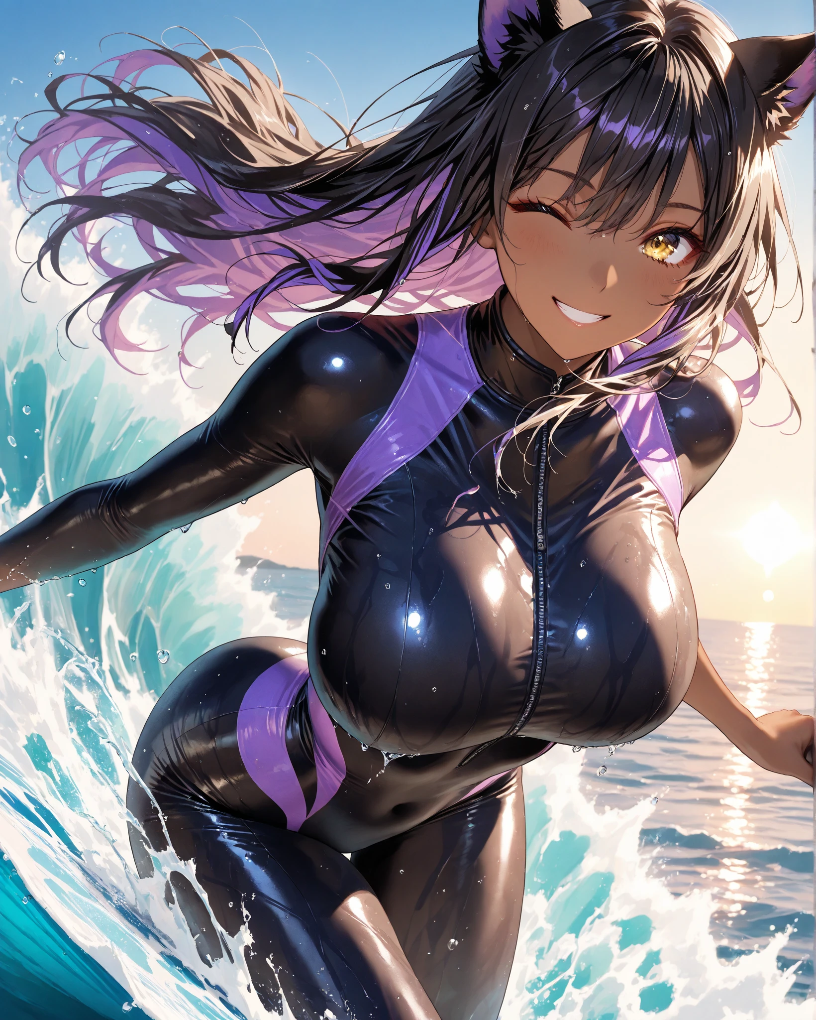 (masterpiece), (Highest quality), (High resolution, High Resolution), (Super detailed), ((ichinose honami:1.2)), 1girl, ((Shiny light silvery pink hair)), ((A slightly longer, fluffy side ponytail)), Loose, flowing bangs, ((Pink hair with a light silvery blue mesh)), multicolored hair, (Purple eyes:1.2), Large eyes, Beautiful Eyes, Detailed pupil, Earrings, Earrings, ((Detailed face)), (very cute expression), (A sloppy smile:1.2), (Open your mouth wide and grin mischievously), (((white Rubber Bodysuits gold and pink lines, White Bodysuits:1.2))), (wearing only white Rubber Bodysuits gold and pink lines, Bodysuits), Wet with sweat, (tan skin:1.2),A lively 15-year-old gal, B86, W58,H85, Soft Breasts, Model Body Type, Very beautiful proportions, Gravure model photography, Depth of written boundary, (Perfect Anatomy), armpits, (Show your armpits), Tempting, (Heart effect:1.3), absurdes, (Vulva Shape), Close-up, (High neck), (Bare shoulders), (Sleeveless), The subject is surrounded by sea and sky, ((Beautiful ocean with the setting sun reflected on the waves)), (Walking on seawater), (horizon), (reflection), All around is sea and sky, (美しい海を背景に肌に密着したWhite Bodysuitsを着て日本刀を両手に一振りづつ持って歩くアニメの女の子), A goddess who wields two Japanese swords, (Maintain the subject's head-to-body ratio and screen ratio)