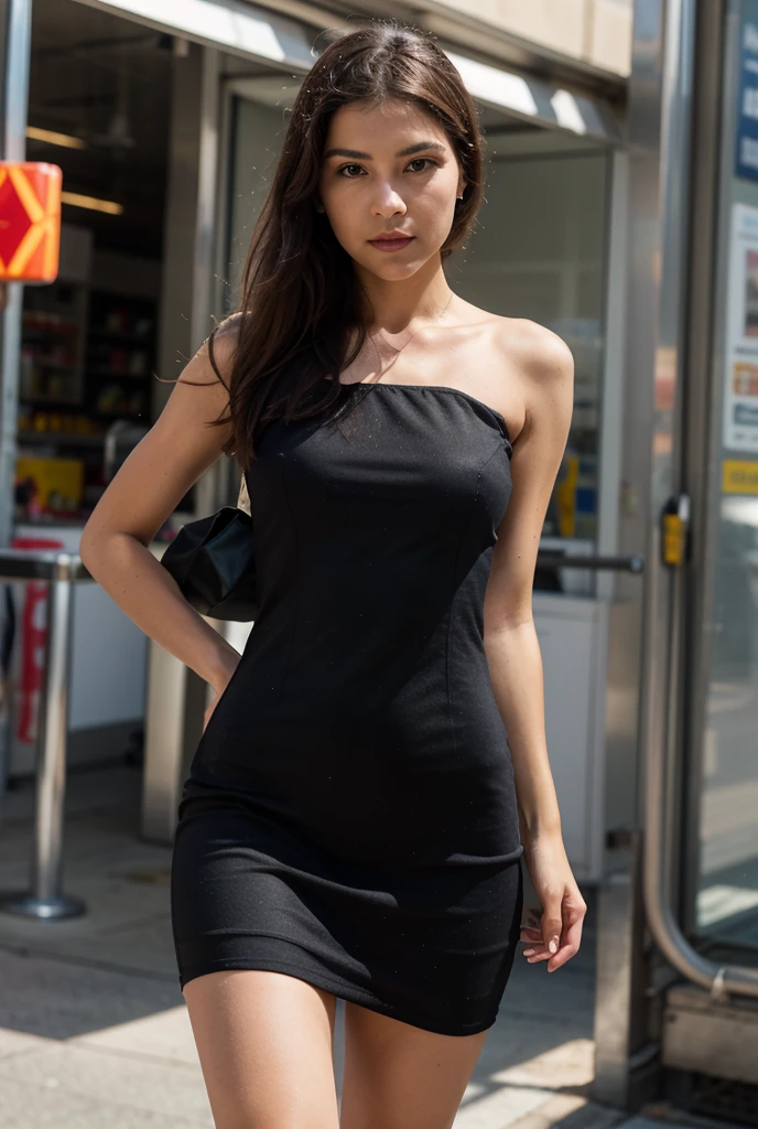 She has brown hair, Grande, natural make-up, dynamic pose, brunette in lisbon. Little Reislin style, closeup, full body, Sexy black dress, night life