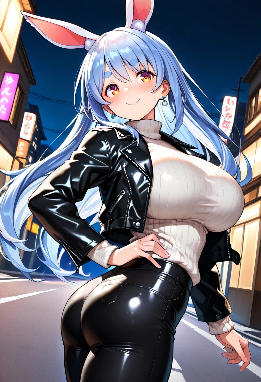 solo 1 thin (little girl:1.1) standing, (straight back:1.1), (disproportionately gigantic perky breasts:1.3), (cleavage:1.3), (frilled white shirts with open chest wide), BREAK, large cute eyes, loli face, BREAK, (thin long legs:1.3), too thin waist, arms behind back, BREAK, (absurdly long white straight hair:1.3), blunt bangs, BREAK, (long black thighhighs:1.5), BREAK, (short black capelet:1.2), (short black high-waist skirt:1.2) cinches waist tight, BREAK, rainbow glowing pupils, BREAK, looking at viewer, (nose blush:1.1), full body, landscape