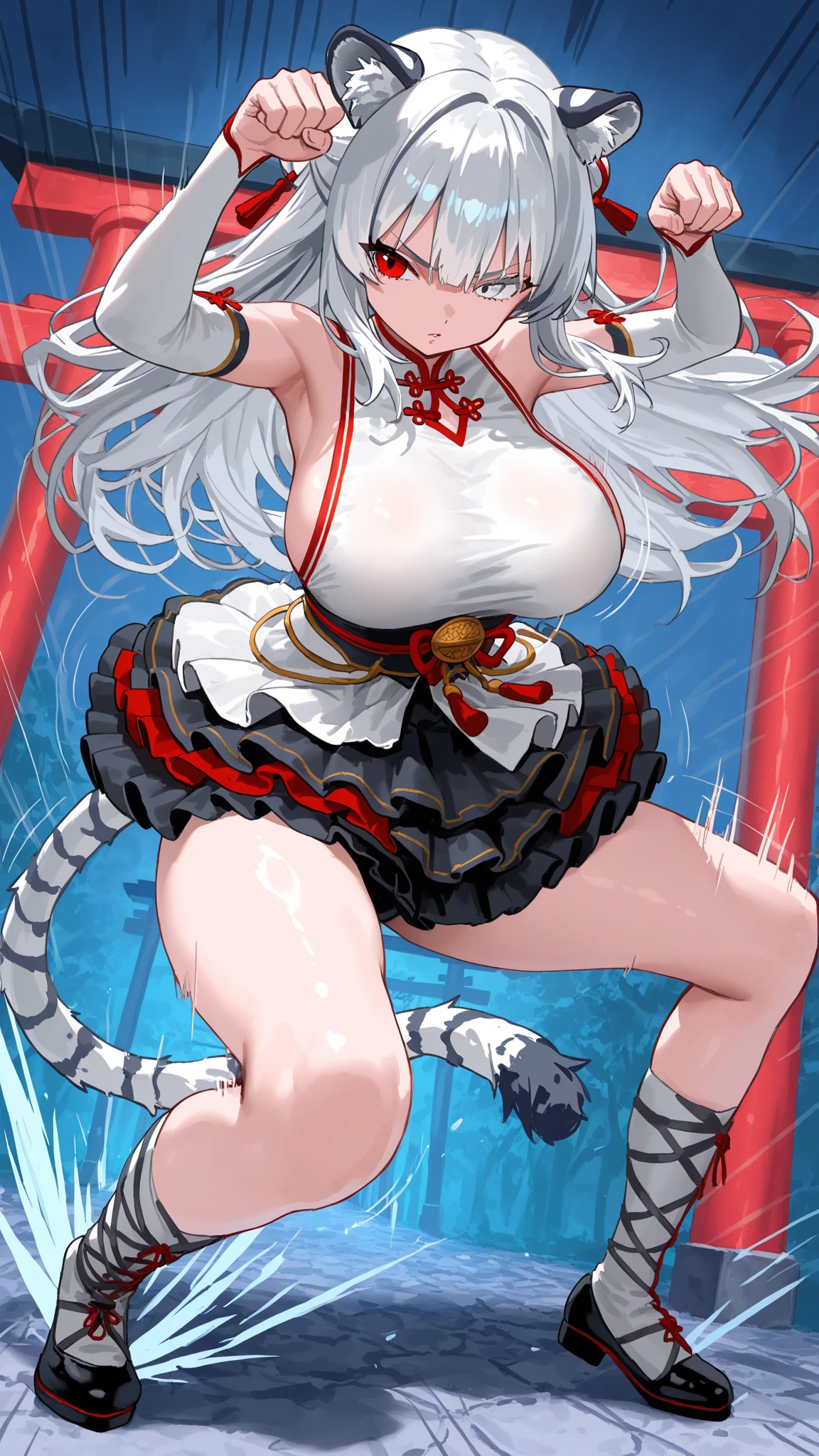 1girl, aegir \(azur lane\), azur lane \\\\\ masterpiece, best quality, very aesthetic, absurdres, newest \\\\\\ perfect anatomy, slim body, ,perfect hands, , , \\\\\\ by nyantcha,,by cutesexyrobutts,by khyle ///// white background, , , silvery white hair with a single prominent red streak , black horns, , virgin killer sweater, yellow eyes, drunk,, , big tits,,, heels,sit,splash art