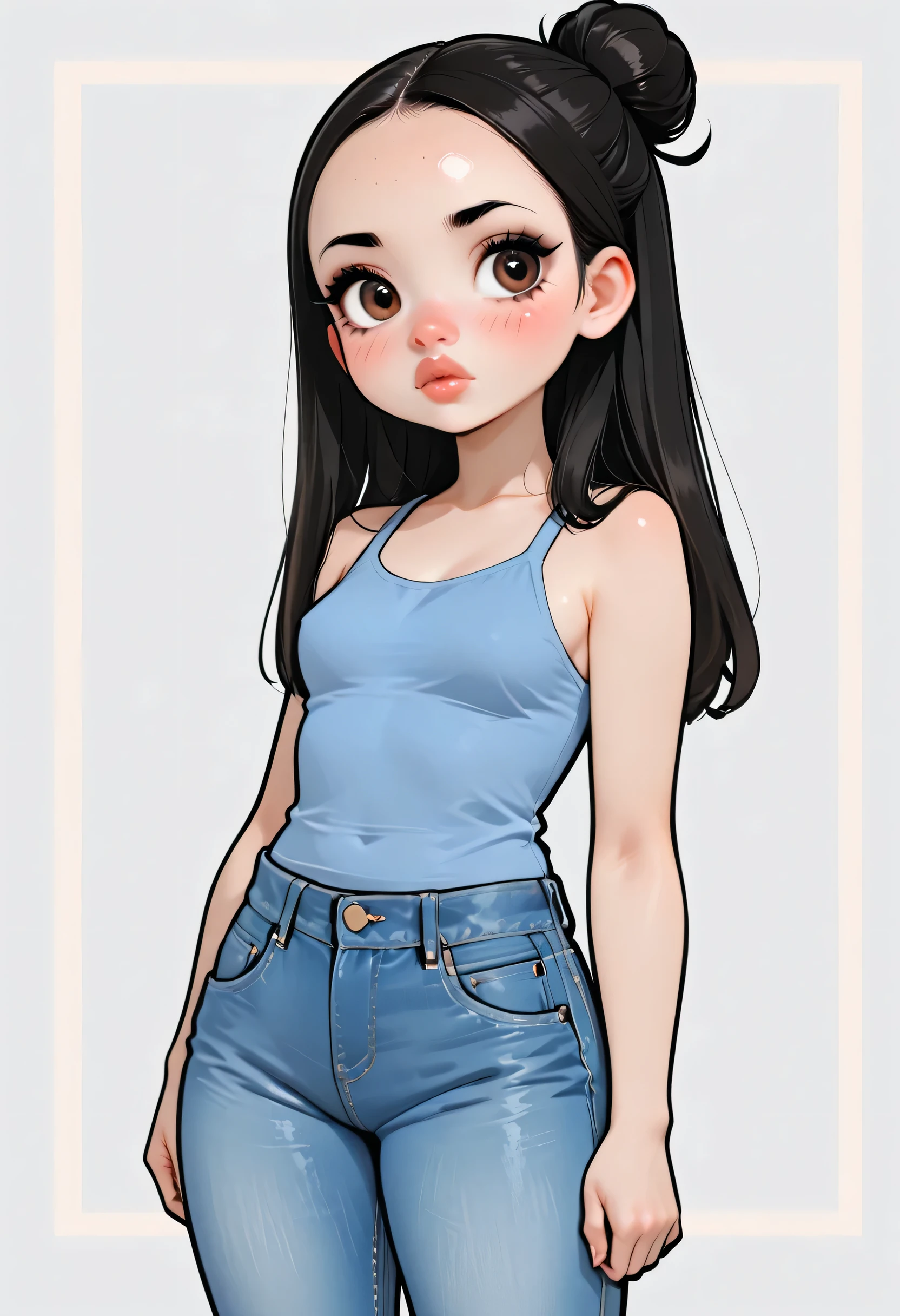1girl, black hair, bun low hair, (forehead), black thin eyebrows, big brown eyes, black eyeliners, blush, nose, thick lips, beautiful girl, small breasts, blue tank top, blue jeans, ((standing))