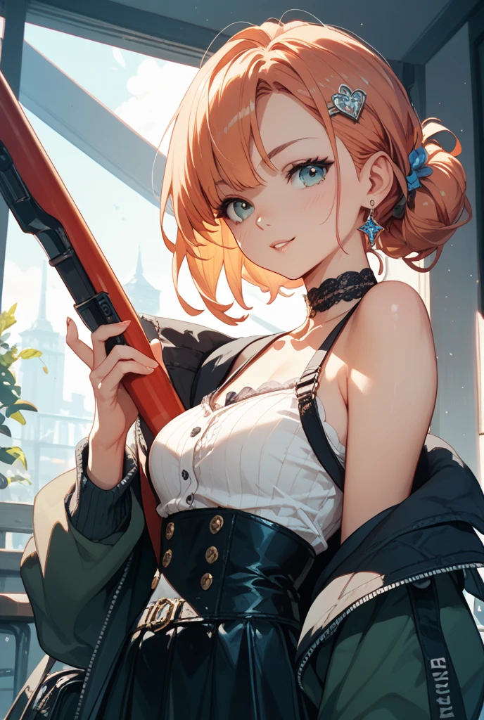 masterpiece, Highest quality, High resolution, One girl, (Blue jacketの下にBlack innerwearを着ている), Folded ponytail, Brown eyes, , uniform, Blue jacket, Blue pants, ,Big Breasts, Black innerwear, (Bend down and shoot your gun:1.3), blush, (Ready your gun?)
