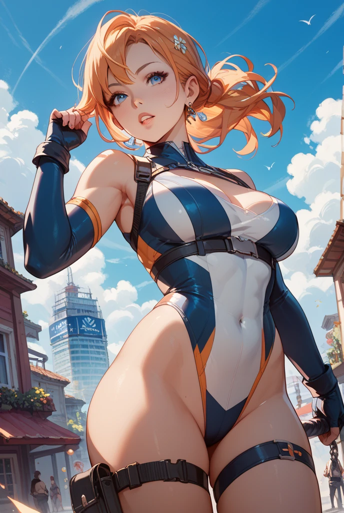 (((masterpiece、Highest image quality、highest quality、highly detailed unity 8kwallpaper)))、((Illustration of one girl))、(((beautiful girl)))、((orange hair、side pony、Yellow scrunchie、orange eyes))、swimsuit、sandy beach