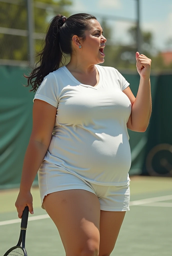 White woman with a very pretty face, large eyes, no makeup, clean face, green eyes, bushy eyebrow, middle-aged, back to camera, flat buttocks, fatty belly, moist skin, white bikini top, too small and tight for her large, flabby breasts, On the bottom part, wear some sports pants above the ankle., grey color with sweat marks, She is barefoot in a sports park. Very realistic and detailed face