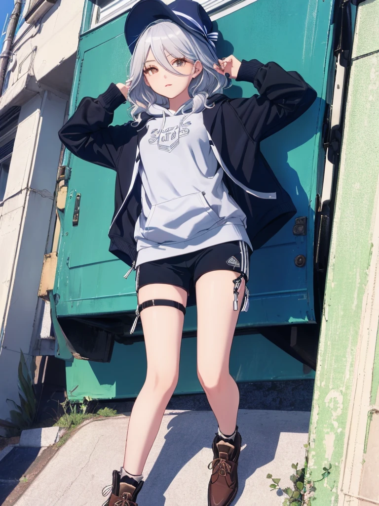 masterpiece:1.3、ultra high resolution:1.3、girl、alone、walking、G cup、short hair、two tone hair、beautiful silver hair、shorts、letter graphic drop shoulder hoodie、sexual excitement、erotic、blush、real moist skin、Stuffy、wet、cute、smile、fashion、outdoor、hand、feet、shoes