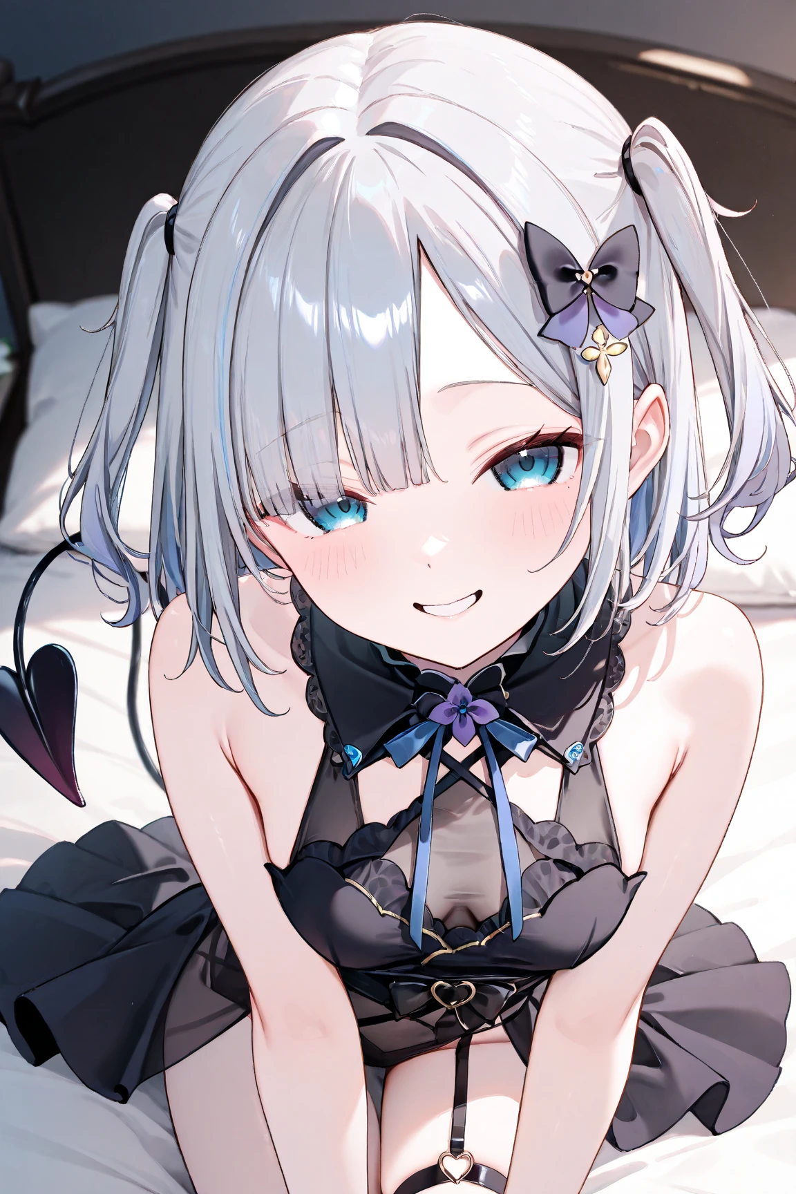 Cute couple, ((Silver Accessories、mini skirt、Black Fashion))、(Gray hair color、A hairstyle with a very deep blue-purple inner color with a gradation effect), Beautiful Hair, Facial Contour, Remember, Stripping scene, Bright proof、splash, Lens flare,, Natural Color, High resolution, Very delicate, Very detailed, 8k,(Swelling in the chest,About a C cup)、Shyness,((Sexual)),((Sexy feeling))、smile、Full body angle