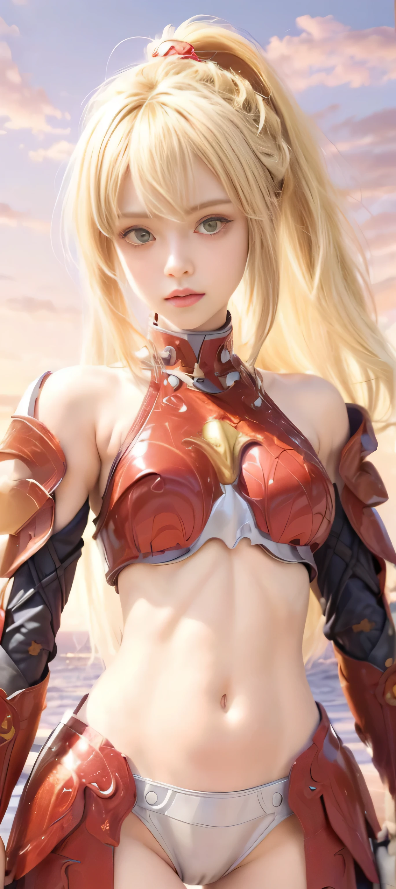 masterpiece, best quality, (realistic,photo-realistic:1.4), (RAW photo:1.2), extremely detailed CG unity 8k wallpaper, delicate and beautiful, amazing, finely detail,official art, absurdres, incredibly absurdres, huge filesize, ultra-detailed, extremely detailed, extremely detailed girl,extremely detailed eyes and face, light on face,little smiles,(long hair:1.5),(blonde hair:1.5),(sunset background:1.4),ais Wallenstein,(girl:1.3),(divine armor:1.5),(hair between eyes:1.3) ponytail,(yellow eyes:1.5), red panties,(red armor:1.5),(bare shoulders:1.3),god cloth