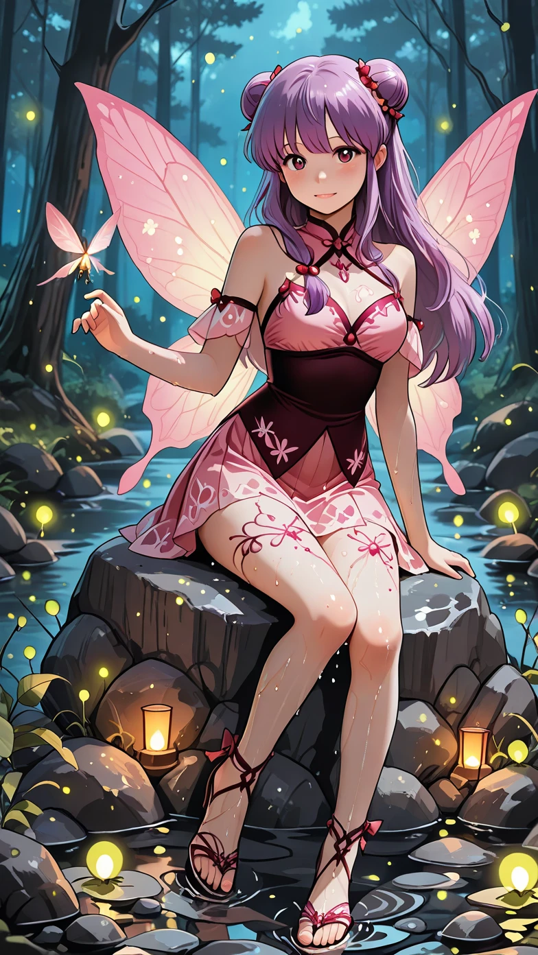 A pink haired woman with violet eyes and an hourglass figure in a rockabilly dress is spinning her dress in a creepy forest at night