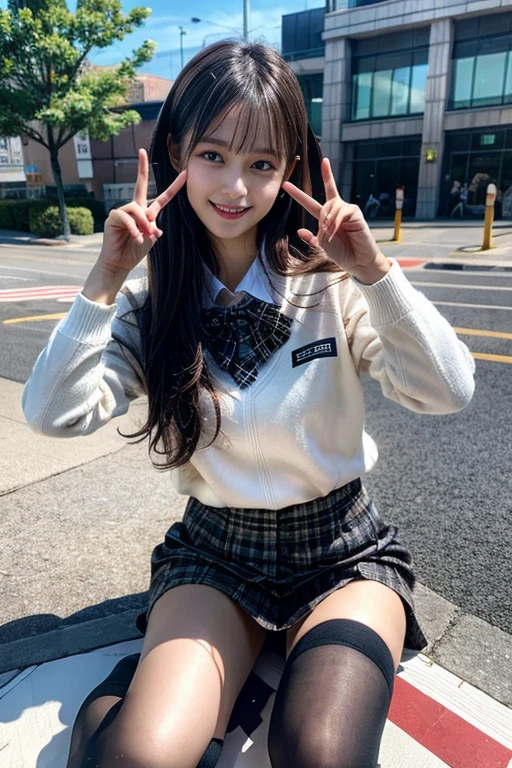 ((Haruka Kaki,Super beautiful girl,Highest quality, 8k,Real Photo, masterpiece:1.3))(Schoolgirl uniform,Angle viewed from below,Her cute floral panties are completely visible on her lower body.:1.5),slender,long hair,One person,Black Hair,１７Year old girl:1.3,Highly detailed face and skin texture,Front body orientation:1.3. Fine grain,Full body, double eyelid, Whitening skin,smile:1.2,Golden Ratio,Both eyes are equal in size,Streetscape.