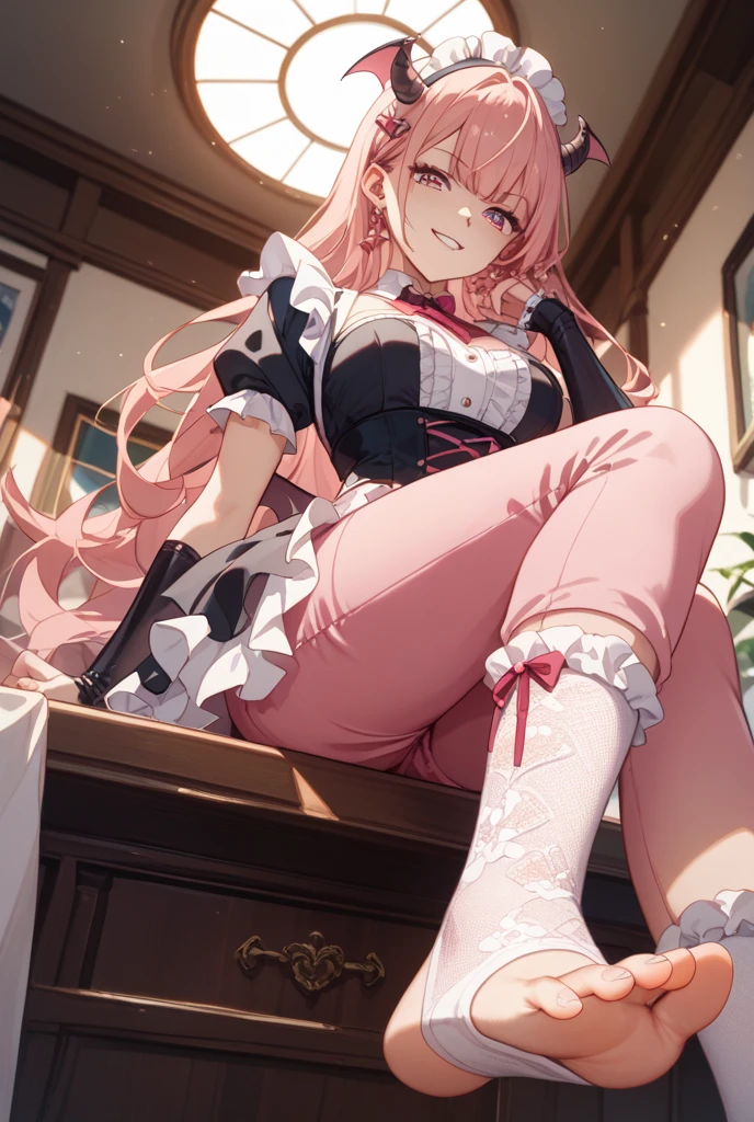 {{masterpiece}},illustration,best quality,extremely detailed CG unity 8k wallpaper,1girl_solo, full_body, from_below, looking_at_viewer, looking_down,(white pantyhose: 1.5), (no shoes:1.3),bed,wavy hair,disheveled hair,braided bangs,Sexy and charming panties,revealing dress,window,Close-up of the foot,hair_ribbon,strong rim light,pink,花,