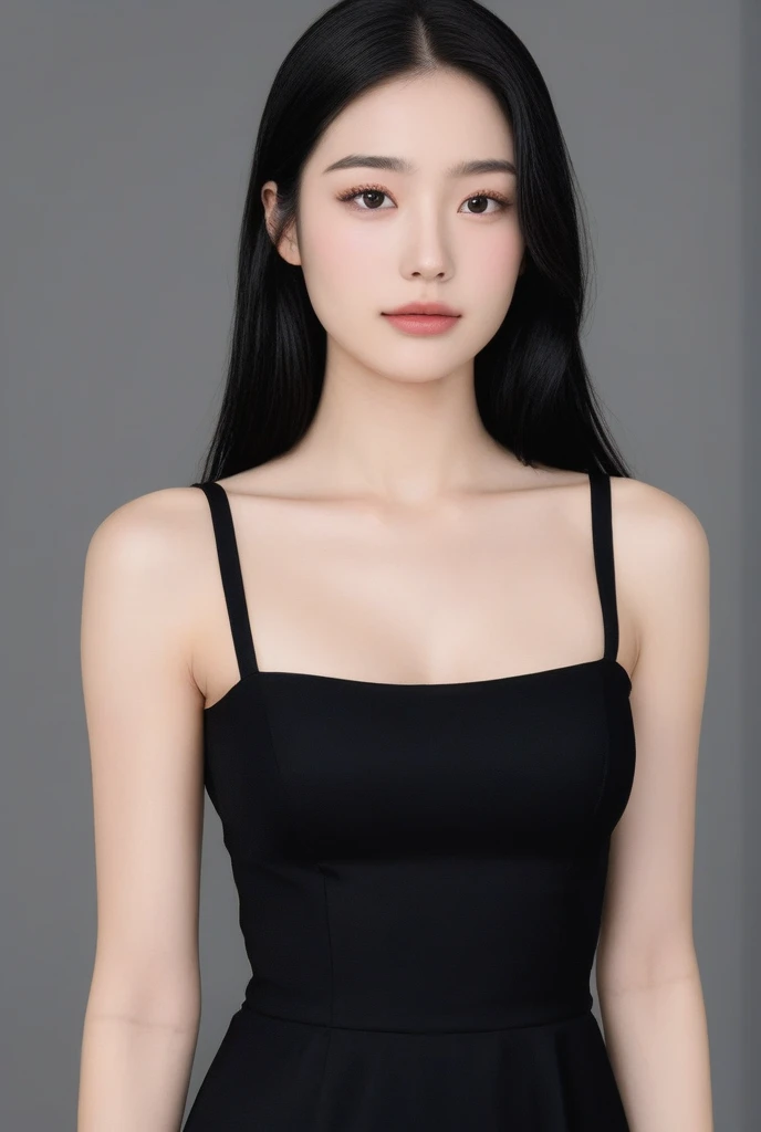 Young woman, korean, Korean idol, idol make up, brunette, bangs, pale skin, very long straight hair, idol face, unbelievably beautiful face, big lips, ((large breasts)), ((thin waist)), ((very wide hips)), ((simple dress)), ((modest dress)), full body, home setting, sweet smile,