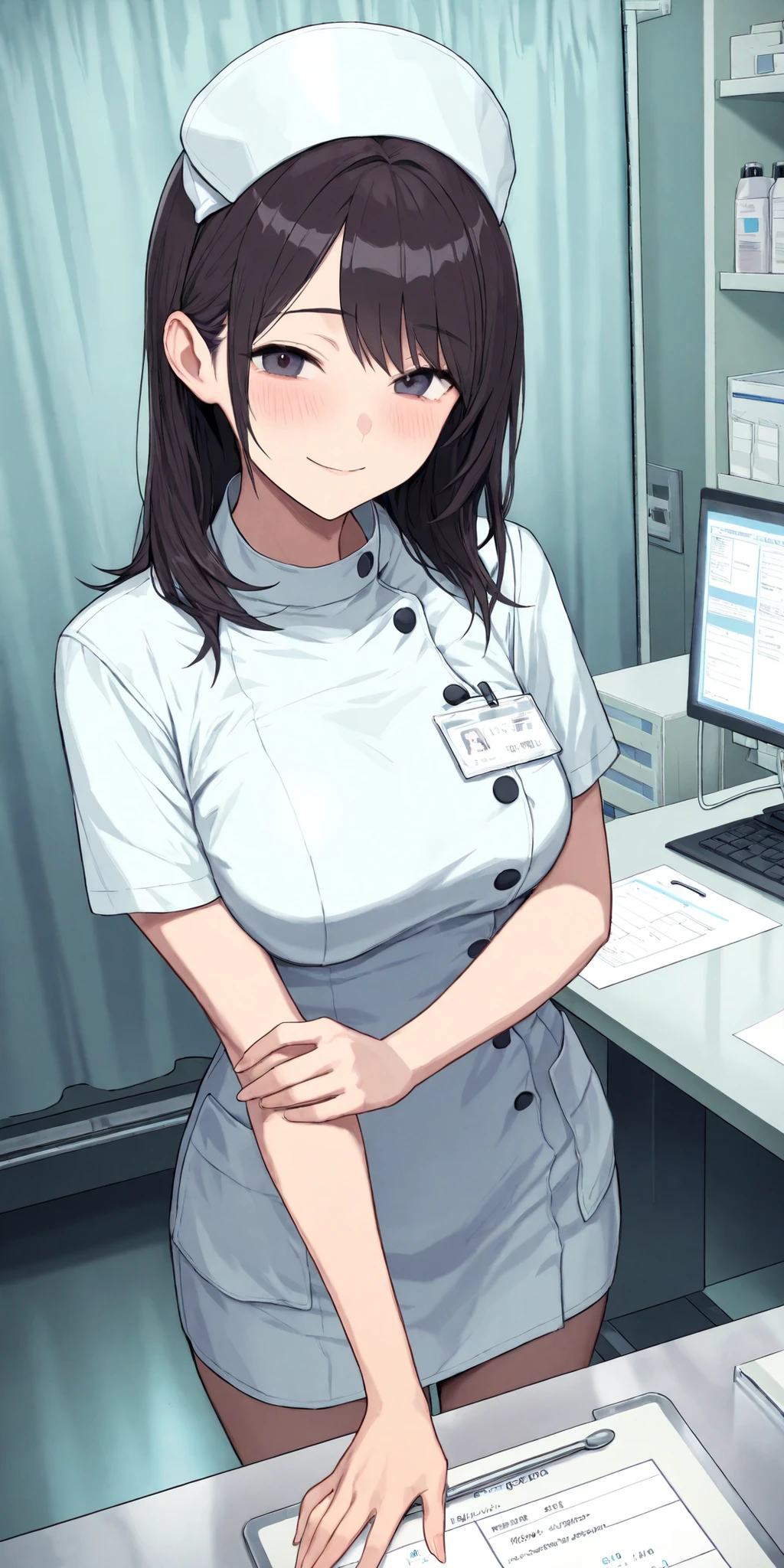 1woman, solo, nurse, white nurse cap, white nurse uniform, ((white legwear, zettai ryouiki)), white gloves, long hair, purple hair, red eyes, pink lips, smile, standing, ((hospital room)), sharp outline, short sleeves, mature female, 35 years old, best quality, masterpiece