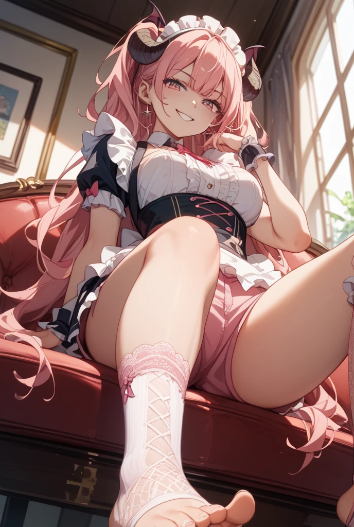 NSFW,Krul Tepes、Red eyes、Flat Chest、Long Hair、Pink Hair、Two Side Up、hair ornaments,(Perfect hands),(Perfect Anatomy),(masterpiece),(highest quality),Embarrassed,blush,High-quality lingerie,Sitting,(Leg spread:1.5)