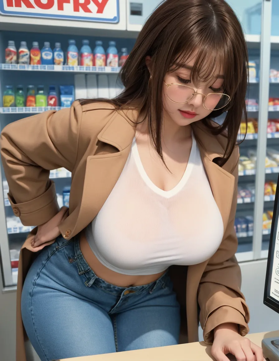 Exposing huge valleys)、((lying on her back above cashier counter and straddled with having much urine squirt out of her pussy and wide leg open towards the viewer))、((Fully Naked))、 , pretty , Nude , wet skin, sweat , round glasses, bobhaircut , hand behind head, (view from pussy towards the viewer)