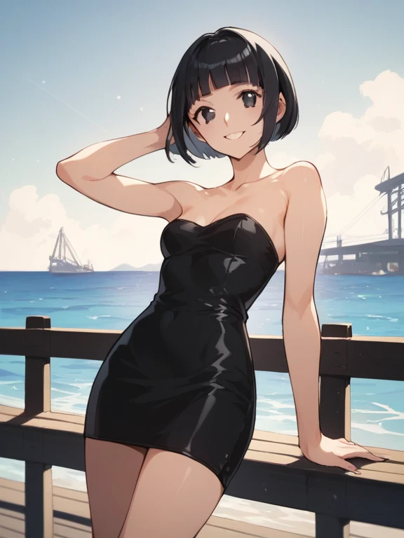 (​masterpiece)、(Top image quality)、hight resolution、(pretty and cute)、8K、(Up to detail)、girl with、girl with、full body Esbian、A smile、Open mouth、Daytime、Soio、beautifull hands、illustratio、Fantasia、Short black hair、red eyes、Beautiful eyes、Delicate eyes、swim wears、2 horns、Transparent illustration、colourfull、mare、shores、Superb view、エロ、swimming pools