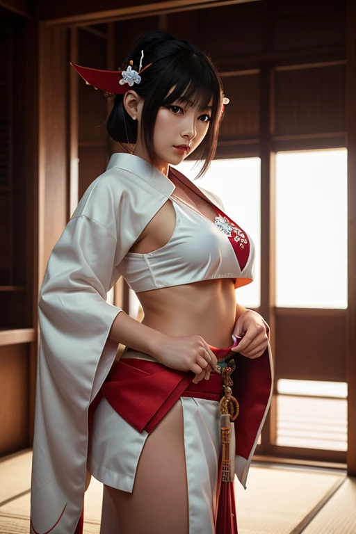 Dual wielding, swordsman, samurai, three swords, sword in both hands, sword at waist, beautiful girl, white skin, delicate, kimono, bikini, T-back