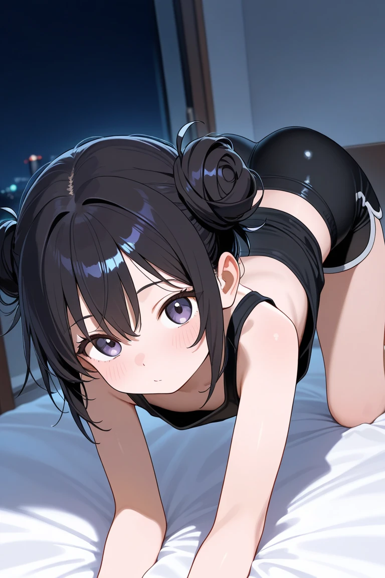 Hands behind back,Tied up with hands behind back,front view,1girl,Beautiful girl at 13 years old,Japanese,Slender,small breasts,Baby Face,Small face,Black Hair,Row Twin Tails,Gray Eyes,Drooping eyes,middle School girls,A transparent black and yellow negligee,Sexy Lingerie,open mouth,tongue out,front face,Kneeling,Put your chin forward,Beautiful and detailed anime art,A mischievous smile,front view,high angle, looking at viewer, looking ahead, from above,face focus,Sexy vibe,cum on tongue,Dimly lit room,On the bed,Love Hotel,Soft lighting,Simple room
