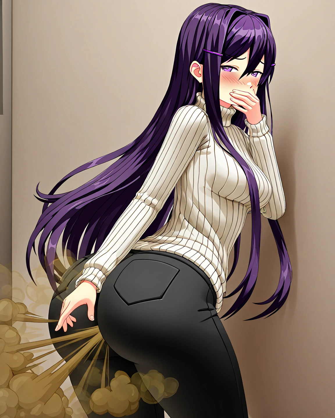 (masterpiece:1.37), best quality, (extremely detailed:1.37), (1girl:1.5), woman, (mature:1.5), (adult:1.5), large breasts, very long hair, (straight hair:1.5), (very dark purple hair:1.5), purple eyes, (extremely detailed eyes:1.37), sweater, scarf, jeans, desperation, (wetting self:1.5), standing, embarrassed, humiliation, blushing, gas station, snowing, street, golden hour, full body