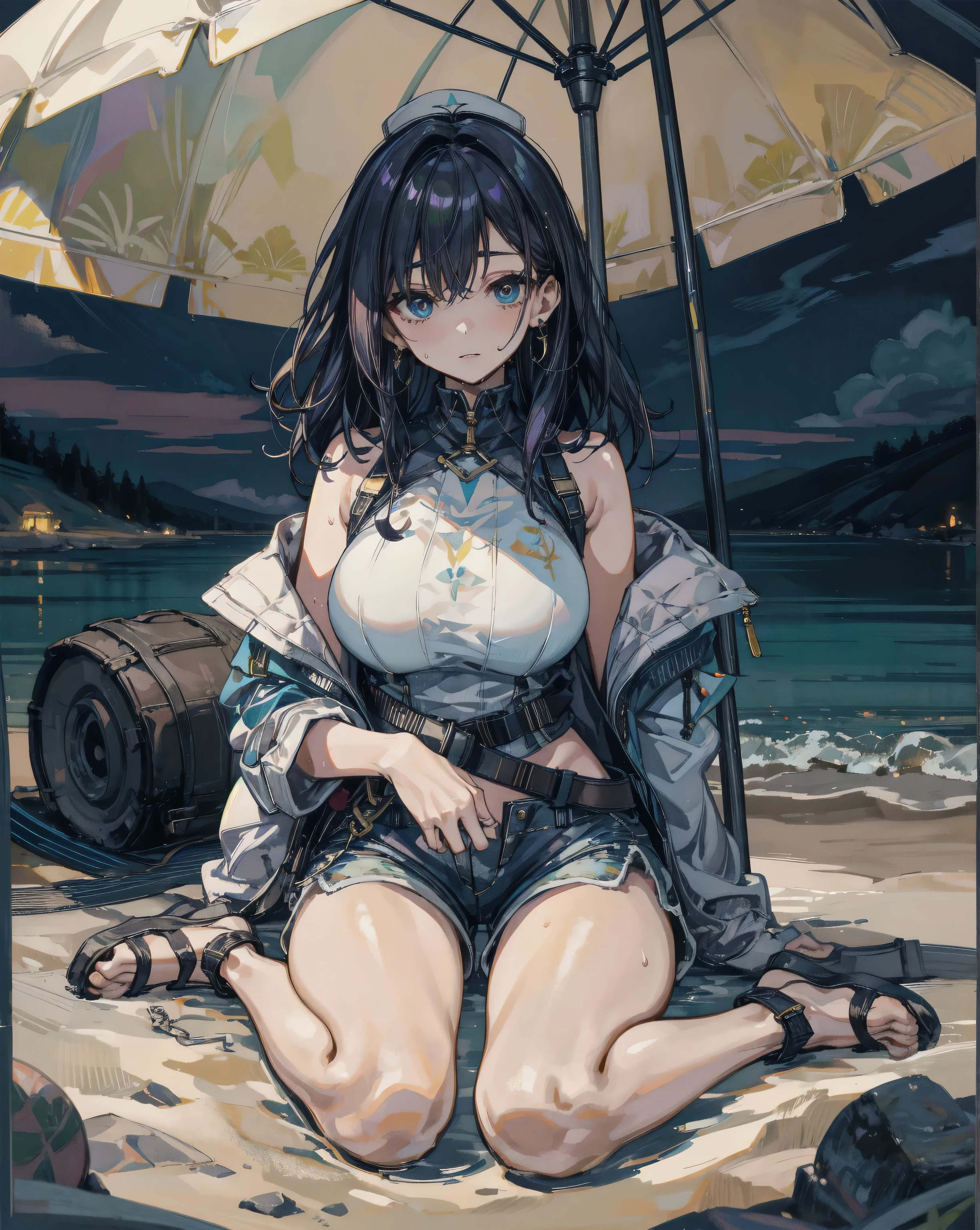 anime girl in bikini of standing on a beach with a surfboard, (((Wind power generation)))、(huge tit)、curvy、bikini of + tattered military gear, Kantai Collection Style, from girls' frontline, Fine details. girls' frontline, official artwork, cushart krenz key art feminine, high detailed official artwork, best anime 4k konachan wallpaper, girls' frontline style, azur lane style, badass anime 8 K