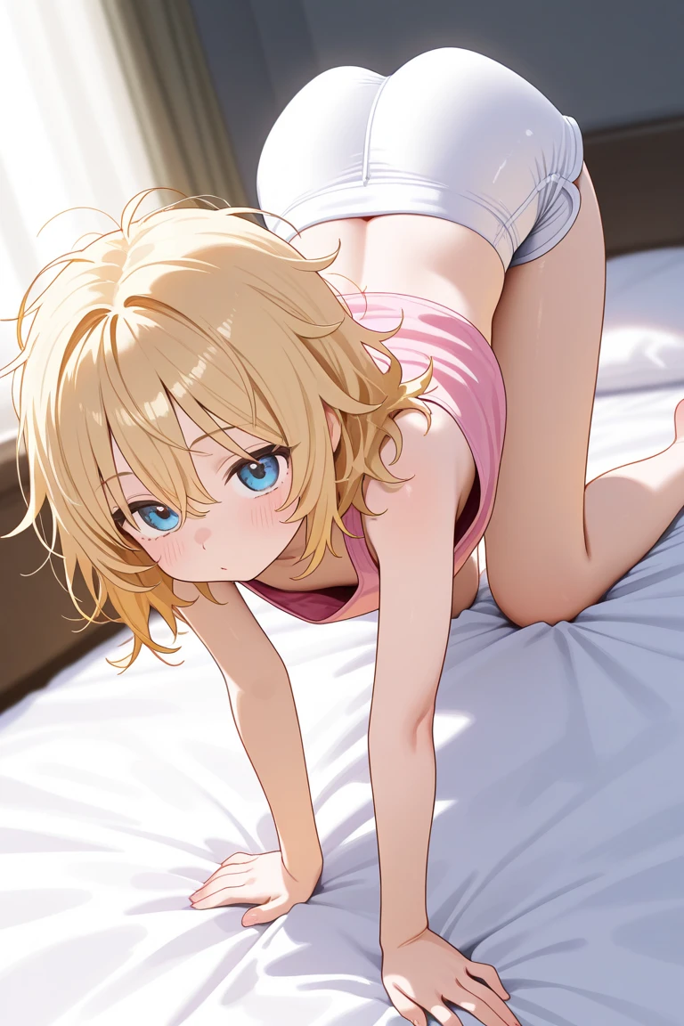 2D Anime Style、Blue eyes、breasts are slightly larger、Cool adult woman with short blonde hair and a tired expression,In my underwear in my bedroom,Spread the genitals with your fingers,genitals are white and wet,Almost naked