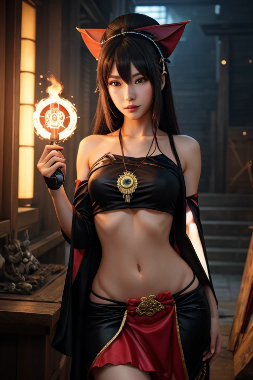 ((World of Darkness)),Professional , masterpiece、top-quality、photos realistic , depth of fields 、Dark Fantasy、()、(shooting stars:0.9)、(nebulas:1.3)、A dark-haired、(White bikini armor)、(Mystical expression)、(The fox has five tails)((Fight dragons)),(Wear a beautiful kimono),(Wear a beautiful kimono with colorful floral patterns)、Jewel Gold Weapon、Particles of light),(Has a devil's mask)、Gorgeous gold weapons ,(( Gorgeous Dragon Sword)) , (Fox Mask),,(maikurobikini) 、((Black Haired Beautiful Girl))、(Castle background)、(demonic wings)、((Gangle's forest background))、Beautiful Caucasian beauty、1a person、dynamic ungle,(((Two devil's horns on the head)))、Smaller head、Idle Smile、Thin and beautiful female hands、Mystical expression、Light Effects、intense fighting、Wind-effect、magic circles、With the legendary magic wand、Dragon's tail、