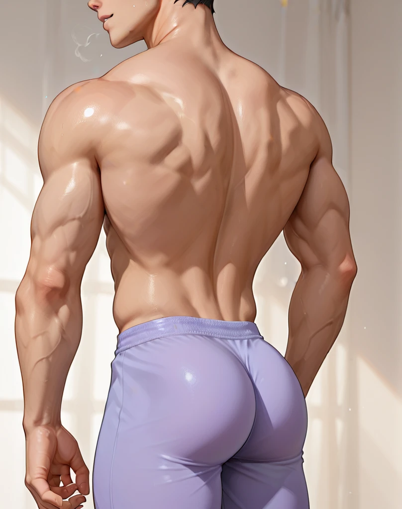Beautiful full-length naked young man standing back, with head turned, bare buttocks, feet, no muscles, relaxed, thin, standing back, slight turn, back, fully naked, muscular male legs, standing with one thigh rested
